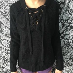 Cotton Lace Up Knit Sweater